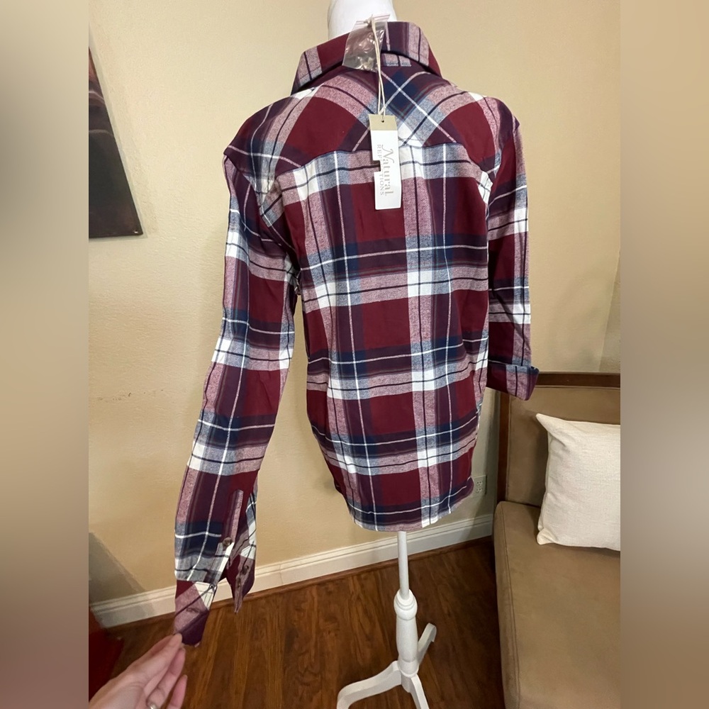 Bass Pro Shops Maroon, Navy and White Plaid Shirt - Picture 3 of 5